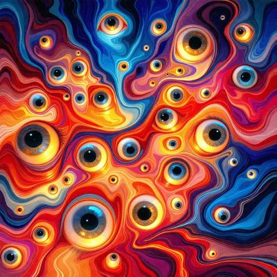 The primary subject of the image is a close-up of a colorful, abstract, and artistic design featuring many eyes. The setting is a vibrant and creative environment, likely a digital art or illustration. The visual style is unique and eye-catching, with a mix of colors and patterns that create a lively and engaging atmosphere.